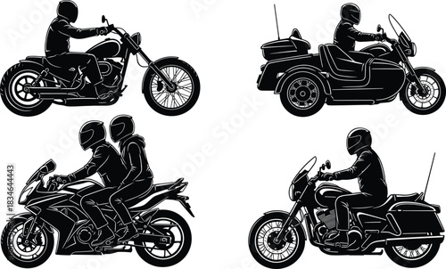 Set of four black vector silhouettes illustrating diverse motorcycle types, including a chopper, sportbike with a passenger, sidecar bike, and touring motorcycle with 