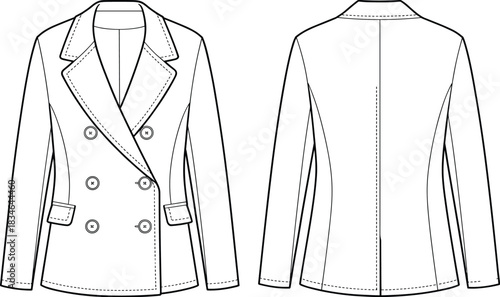 Front and back view of a double breasted blazer with lapels and buttons jacket