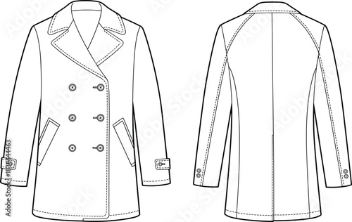 Front and back view of a double-breasted pea coat fashion flat illustration jacket outerwear
