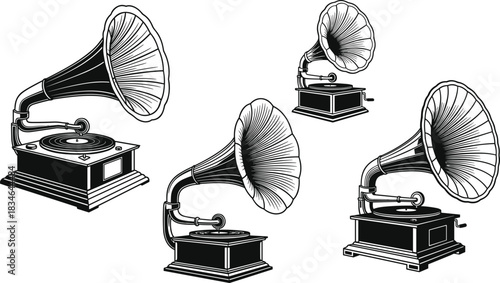 Set of four detailed black and white vector illustrations of vintage gramophones or phonographs with large horns and vinyl records, representing classic music and retro audio technology.
