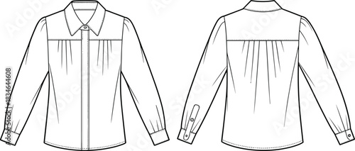 Front and back view of a long sleeve collared blouse fashion illustration shirt clothing