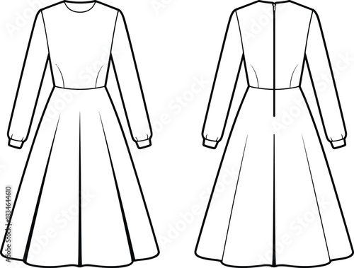 Front and back view of a long sleeve midi dress fashion illustration clothing garment