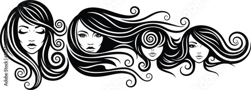 Set of four female faces with swirling long hair, beauty salon vector illustration, fashion hairstyle design, black silhouette, isolated on white background.