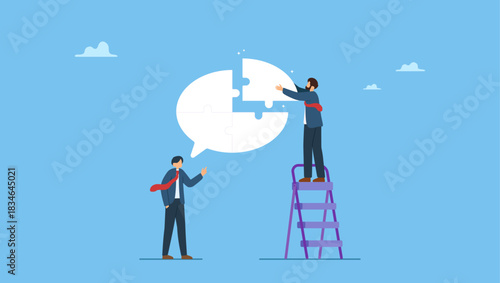 Businessman hand help connect jigsaw on speech bubble. Complete communication speech bubble, solve or help employee communicate with dialogue puzzle, discussion or negotiation skill.