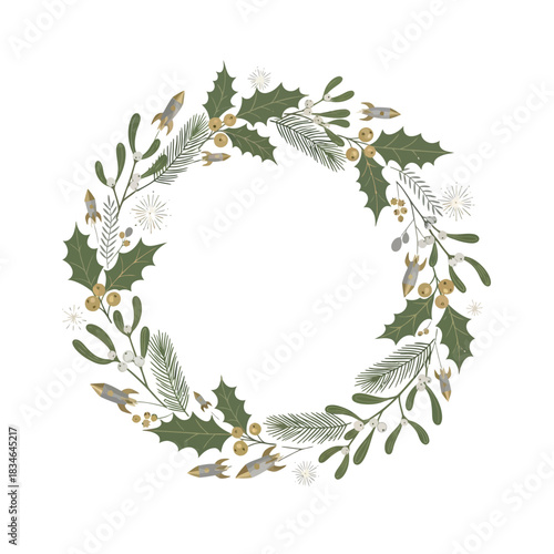 Whimsical holiday wreath illustration with space rockets, holly, mistletoe, and pine branches on a white background.