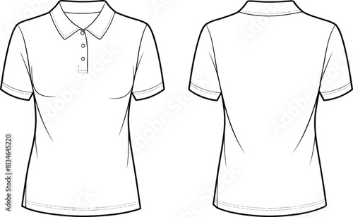 Front and Back View of a White Short Sleeve Polo Shirt Fashion Flat Sketch t-shirt clothing