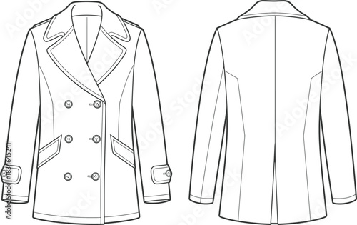 Front and Back View of a Women's Double Breasted Peacoat Fashion Flat Sketch jacket outerwear