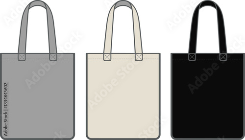 Three tote bags in grey beige and black on a white background shopping bag reusable bag