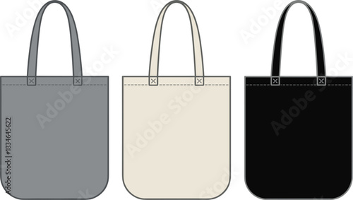 Three tote bags in grey beige and black on a white background shopping bag reusable bag