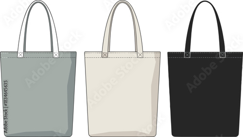 Three tote bags in grey, beige, and black with handles handbag shopping bag