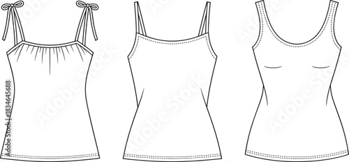 Three women's tops: camisole with ties, tank top, and scoop neck top t-shirt clothing
