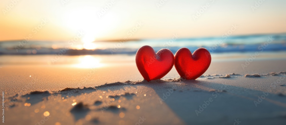 Fototapeta premium Two Red Hearts on a Sandy Beach at Sunset.