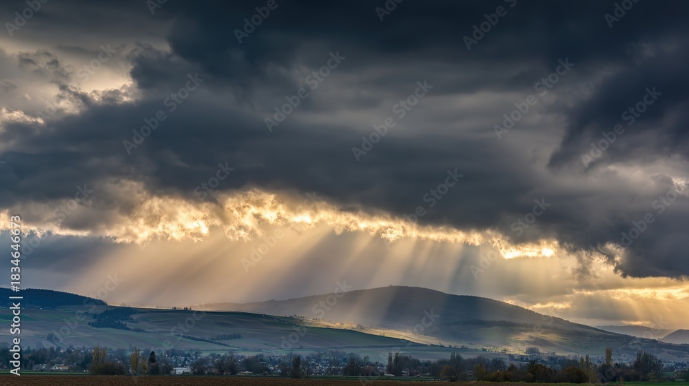 Obraz premium darkness. Beam of sunlight breaking through dark storm clouds, illuminating the ground. travel magazines, destination branding, designed for outdoor magazines and nature guides.