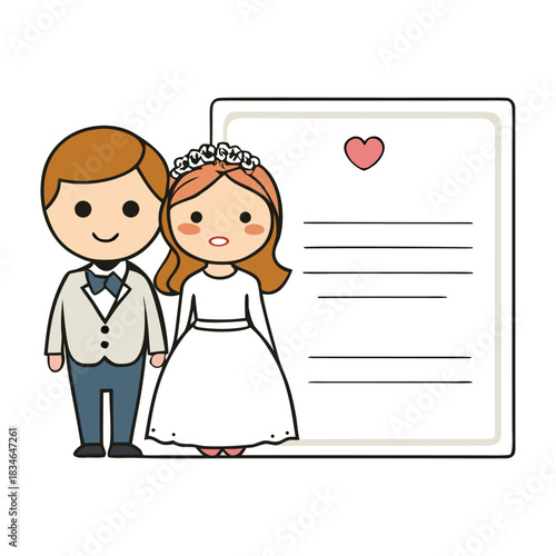 A charming wedding invitation template featuring a cute groom illustration, elegant layout, soft colors, and playful details, creating a warm and joyful celebration vibe.
