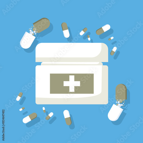 Vector illustration showing a medical pill bottle and capsules, representing pharmacy products, medicine, and healthcare-related themes for professional use.