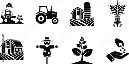 Set of farming and agriculture icons, black silhouette vector illustration, tractor barn scarecrow and wheat, organic nature harvest symbols collection, isolated on white