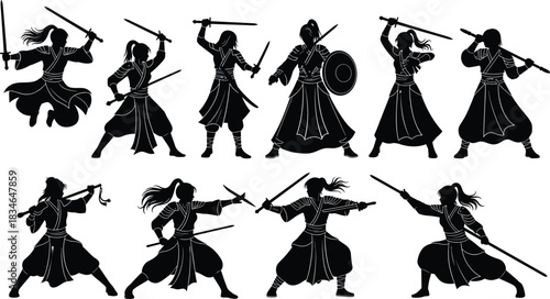 Set of Female Warrior Silhouettes with Swords and Shields, Representing Martial Arts, Combat, Fantasy, Historical Battles, Action, and Asian Fighter Vector
