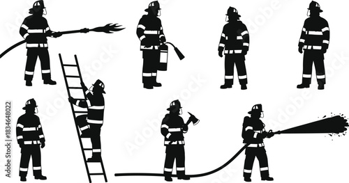 Set of Firefighter Silhouettes in Various Poses with Tools, Representing Emergency Service, Rescue, Protection, Safety, Ladder, and Fire Extinguishing Vector