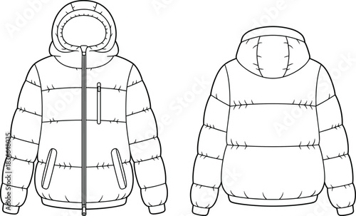Fashion flat sketch of a hooded puffer jacket with zipper and chest pocket vector illustration