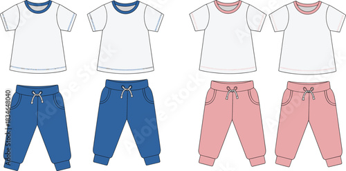 Blue and pink children's outfits with t-shirts and sweatpants fashion flat sketches kids clothing