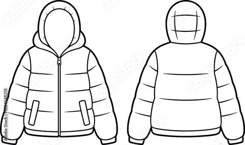 Fashion flat sketch of a hooded puffer jacket with zipper and pockets vector illustration