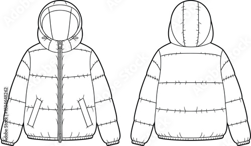Fashion flat sketch of a hooded puffer jacket with zipper and pockets vector illustration