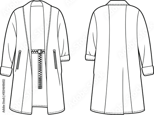 Fashion flat sketch of a long sleeve open front jacket with belt and zipper details drawing illustration