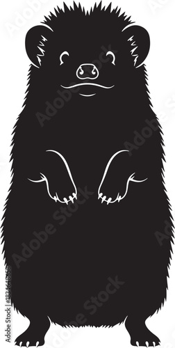Hedgehog silhouette standing on hind legs with front paws raised, smiling expression, isolated vector illustration