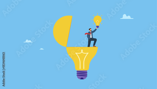 Businessman find new lightbulb. Discover insight or intelligence solution, best result or outcome, solving or finding solution, search new innovation, opportunity or invention, research.