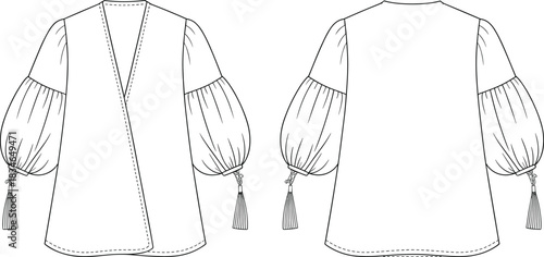 Fashion illustration of a front and back view of a kimono-style jacket with balloon sleeves and tassels