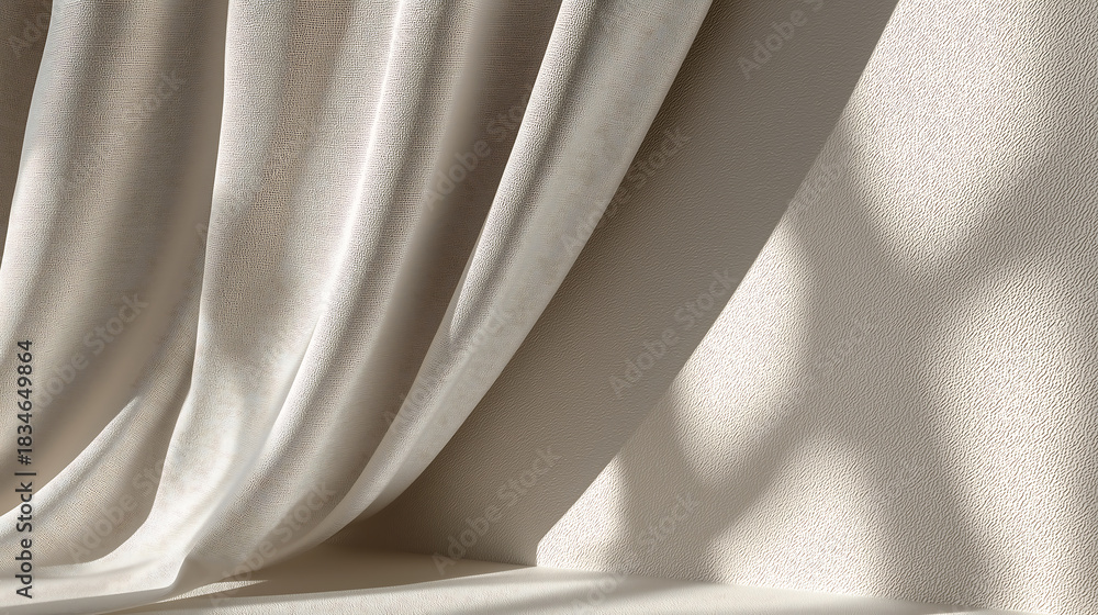 Obraz premium Cloud dancer elegant beige fabric backdrop for product photography and fashion presentation mockups, colour of the year 2026