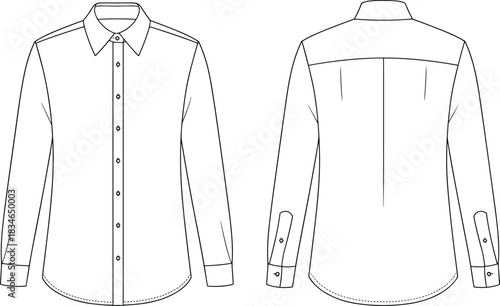 Front and back fashion illustration of a long-sleeved collared button-up shirt with cuffs flat sketch