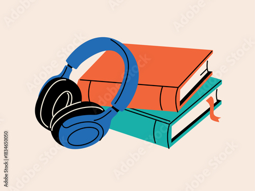 Illustration of headphones and stacked books
