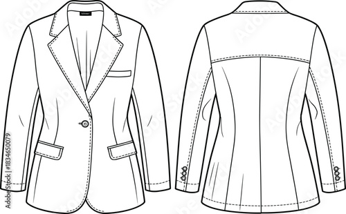Fashionable women blazer technical flat sketch with detailed front and back view, tailored jacket design, sewing pattern, CAD drawing vector illustration