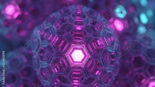 Vibrant glowing hexagonal sphere in an abstract futuristic setting