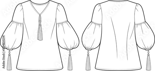 Front and back fashion illustration of a peasant blouse with voluminous balloon sleeves and tassels flat sketch
