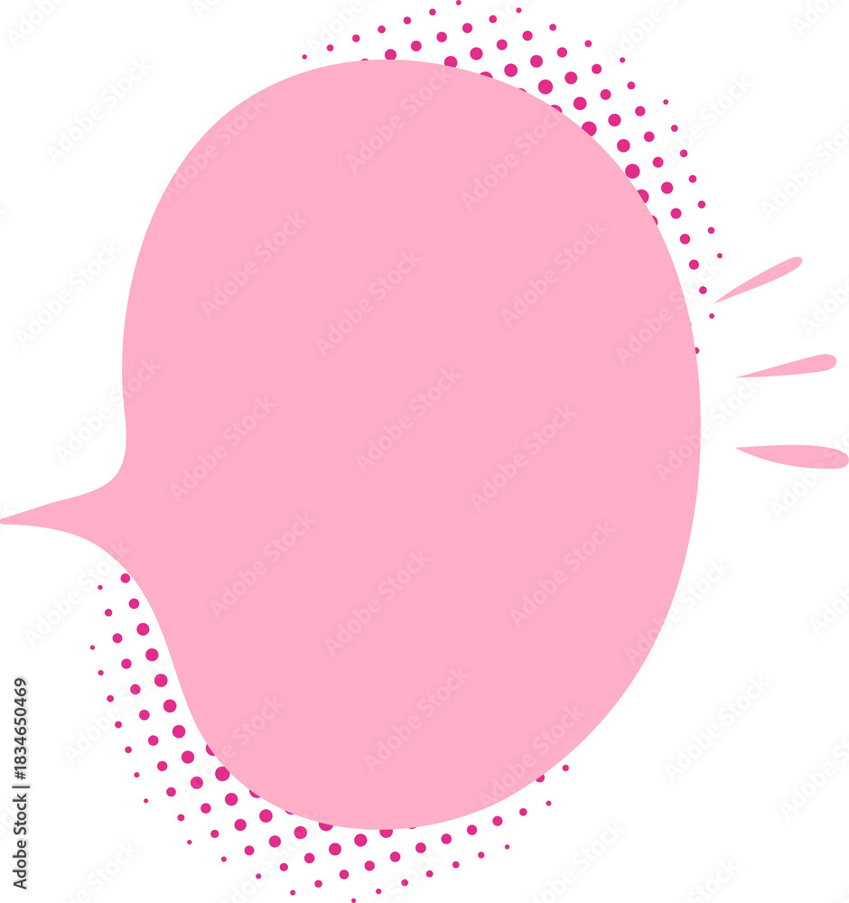 Obraz premium Isolated cartoon empty text box for banner design, pink chat communication balloon hand drawn doodle, playful pop art sticker with halftone dots