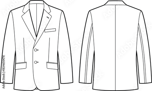 Front and back view flat sketch of a men's black two-button suit jacket fashion clothing