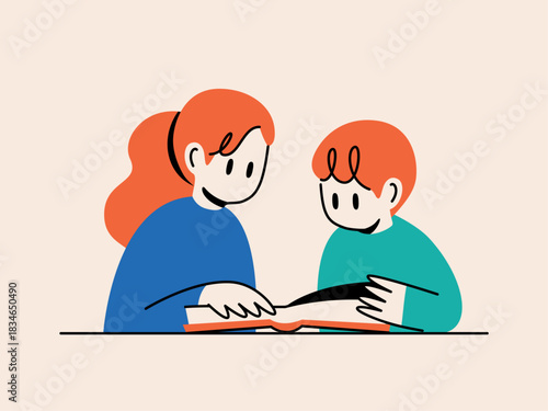 Parents and children reading together, reading aloud, researching