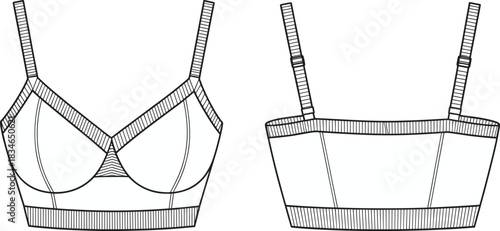 Front and Back View of a Black and White Line Drawing of a Bralette lingerie undergarment