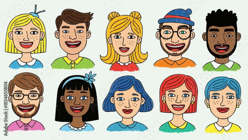 Diverse group of smiling people portraits representing different ethnicities and styles.