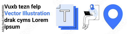 Business planning, workflow automation, digital communication, navigation, content management, teamwork. Abstract design with text, character using laptop and location pin. Business planning