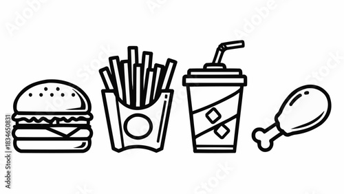 Fast Food Meal Icon Set Burger Fries Drink Chicken Leg.