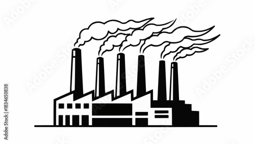 Industrial Factory with Smoke Stacks Emitting Pollution.