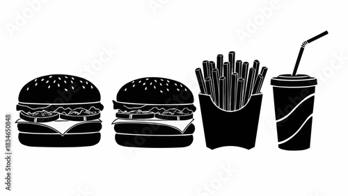 Delicious fast food meal with burger fries and drink silhouette.