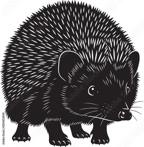 Stylized black and white illustration of a spiky hedgehog standing, perfect for nature, educational, and animal designs.