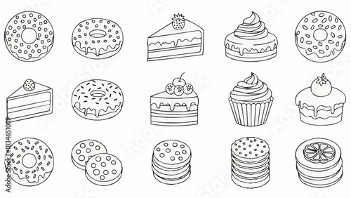 Collection of Delicious Baked Goods and Desserts Hand Drawn Sketch.
