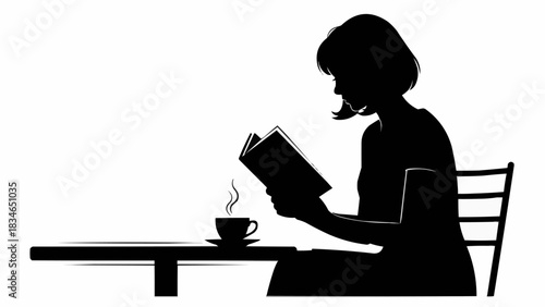 Silhouette of a woman reading a book with a cup of coffee.