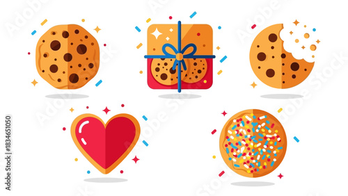 Modern Flat Cookie Celebration Icon Set – Vivid Color Design