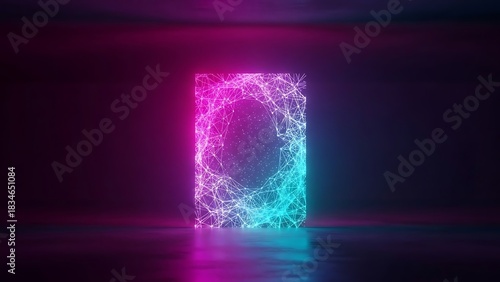 Vibrant neon portal glowing in a dark abstract space, representing digital connectivity.
